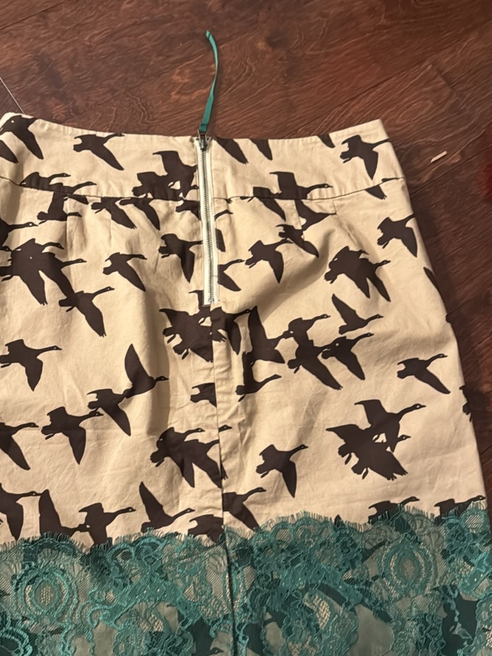 leifsdottir Beige Skirt with Dark Brown Bird Print & Green Lace Hem - Picture 3 of 7